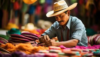 un vieux homme dans une chapeau est travail sur une chaîne de fil ai généré photo