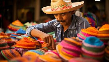 un vieux homme dans une chapeau est travail sur une chaîne de fil ai généré photo