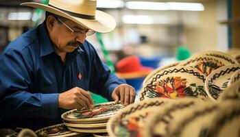 un vieux homme dans une chapeau est travail sur une chaîne de fil ai généré photo