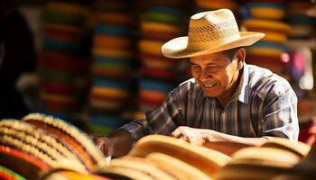 une homme dans une coloré chapeau est travail sur une chapeau ai généré photo