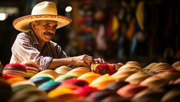 une homme dans une coloré chapeau est travail sur une chapeau ai généré photo