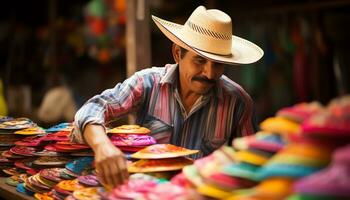 une homme dans une coloré chapeau est travail sur une chapeau ai généré photo