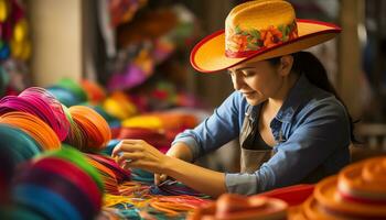 une homme dans une coloré chapeau est travail sur une chapeau ai généré photo