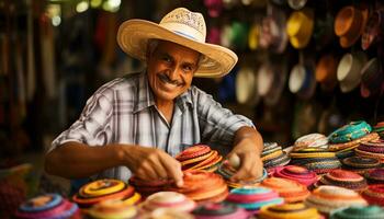 une homme dans une coloré chapeau est travail sur une chapeau ai généré photo