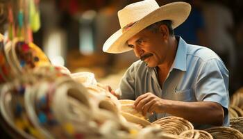 une homme dans une coloré chapeau est travail sur une chapeau ai généré photo