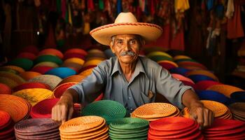 une homme dans une coloré chapeau est travail sur une chapeau ai généré photo