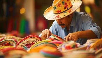 une homme dans une coloré chapeau est travail sur une chapeau ai généré photo