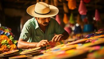 une homme dans une coloré chapeau est travail sur une chapeau ai généré photo