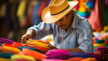 une homme dans une coloré chapeau est travail sur une chapeau ai généré photo