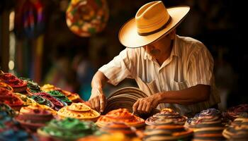 une homme dans une coloré chapeau est travail sur une chapeau ai généré photo