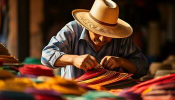 une homme dans une coloré chapeau est travail sur une chapeau ai généré photo