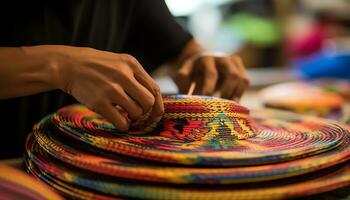 une homme dans une coloré chapeau est travail sur une chapeau ai généré photo