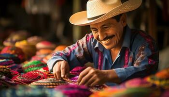 une homme dans une coloré chapeau est travail sur une chapeau ai généré photo