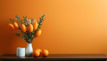 une vase avec certains séché les plantes et des oranges sur une table ai généré photo