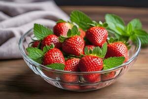 des fraises dans une verre bol avec menthe feuilles par ai génératif photo