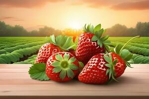 pile de des fraises sur table avec fraise champ Contexte par ai génératif photo