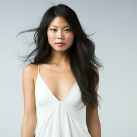 magnifique asiatique femme dans blanc robe ai généré photo