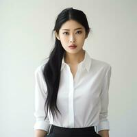 magnifique asiatique femme dans blanc costume séance sur chaise ai généré photo