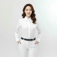 Jeune asiatique femme dans blanc costume ai généré photo