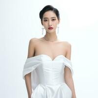 une magnifique femme dans blanc robe posant pour le caméra ai généré photo