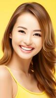 magnifique asiatique femme souriant avec Jaune Contexte ai généré photo