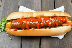 grillé du boeuf chaud chien sur chignon. Contexte. ai génératif pro photo