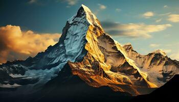 une Montagne de pointe avec Orange des nuages et une le coucher du soleil ai généré photo