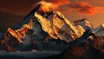 une Montagne de pointe avec Orange des nuages et une le coucher du soleil ai généré photo