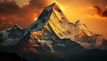 une Montagne de pointe avec Orange des nuages et une le coucher du soleil ai généré photo