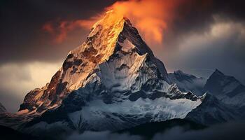 une Montagne avec des nuages et Feu dans le ciel ai généré photo