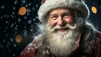 souriant Père Noël claus avec neige couvert chemise et rouge chapeau. ai généré. photo