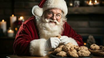 souriant Père Noël claus avec chemise et rouge chapeau avec et cadeau biscuits. ai généré. photo