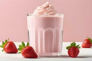 crémeux fraise Milk-shake isolé sur rose Contexte par ai génératif photo
