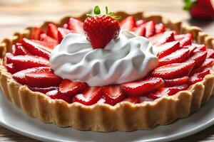 fraise Tarte avec fouetté crème par ai génératif photo