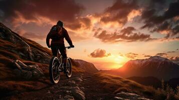 génératif ai, Montagne Cyclisme homme équitation sur bicyclette dans montagnes forêt paysage, cycliste photo