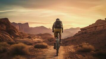génératif ai, Montagne Cyclisme homme équitation sur bicyclette dans montagnes forêt paysage, cycliste photo