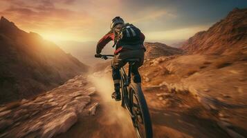 génératif ai, Montagne Cyclisme homme équitation sur bicyclette dans montagnes forêt paysage, cycliste photo