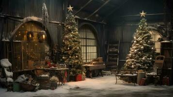 génératif ai, Noël intérieur rural arrière-plan, Père Noël claus rustique atelier photo