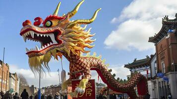 chinois dragon en dessous de une brillant ciel. ai généré photo