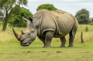 blanc rhinocéros pâturage. ai généré photo