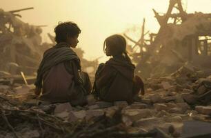 les enfants et femme est assis sur le ruines de le sien ruiné Accueil car de le guerre sur ville, ai généré photo