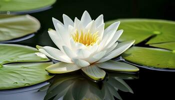 blanc l'eau lis. blanc lotus avec feuilles sur foncé étang. ai généré photo