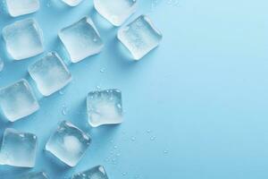 cubes de la glace et gouttes sont isolé sur le bleu Contexte avec vide espace. ai généré photo