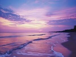 été plage avec bleu l'eau et violet ciel à le le coucher du soleil. ai généré. photo