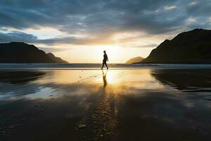 une la personne en marchant sur le plage à le coucher du soleil. ai généré. photo