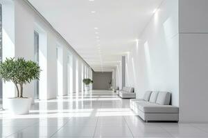 intérieur conception de une moderne luxueux blanc bâtiment couloir ou couloir avec attendre siège. ai généré photo