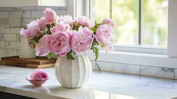 une blanc vase plein de rose fleurs est séance sur comptoir. ai généré photo