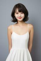 magnifique asiatique fille portant blanc robe génératif ai photo