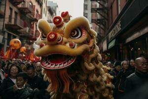 lunaire Nouveau année parade avec de manière complexe conçu traditionnel dragon et Lion Danse costumes génératif ai photo