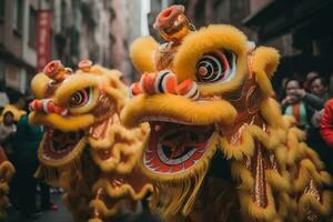 lunaire Nouveau année parade avec de manière complexe conçu traditionnel dragon et Lion Danse costumes génératif ai photo